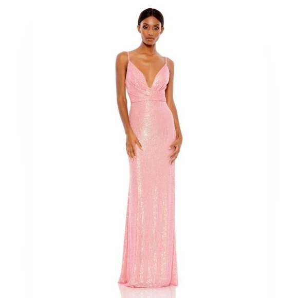 Ieena for Mac Duggal 26945 Barbie Pink Plunging Neckline Sequin Dress sz 0 - Picture 1 of 11